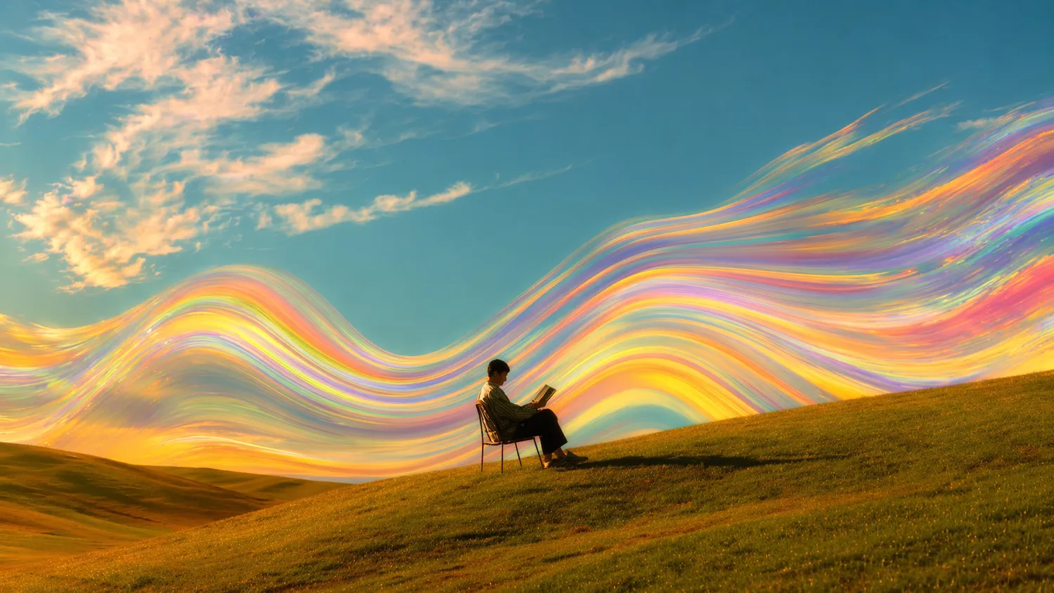 A person reading in a chair on a hillside beneath a sky of flowing rainbow light